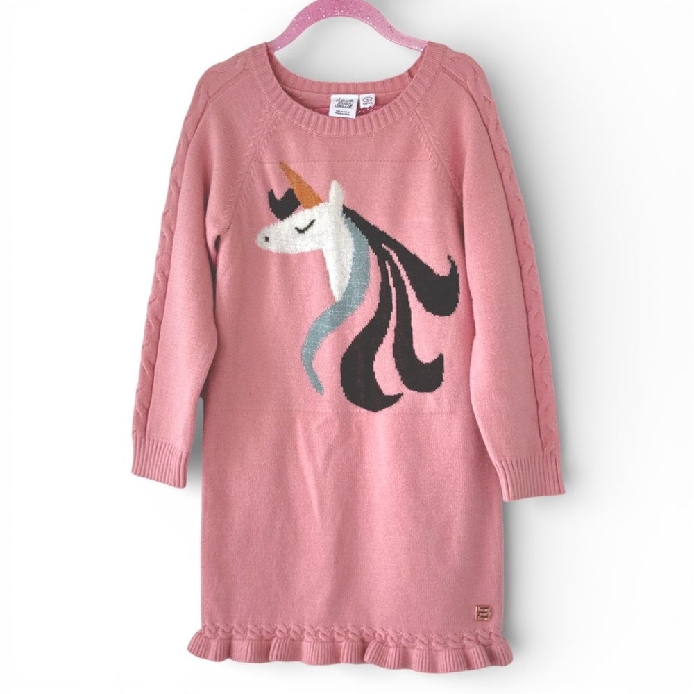 Deux par Deux Unicorn Sweater Blush Pink Intarsia Knit Ruffle Hem Girl’s 6 NWOT